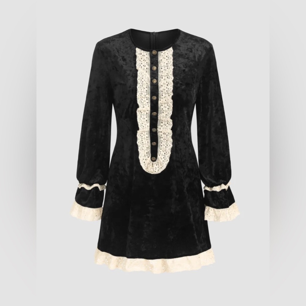 Cider Black Velvet and lace collar dress
